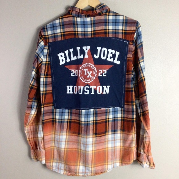 Upcycled Billy Joel 2022 tour Houston flannel bleached shirt Orange Medium - Picture 1 of 5